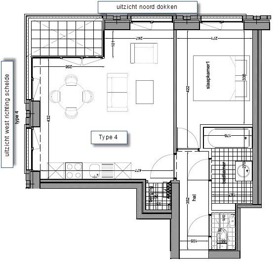 Plan hoekappartement type 4 1 slaapkamer, living met veel lichtinval,