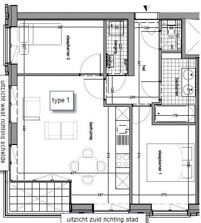 Plan hoekappartement type 1 2 slaapkamers alle ramen tot vloerhoogte, terras