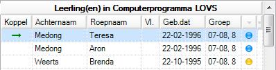 Hier ziet u een voorbeeld waarbij vijf leerlingen reeds automatisch gekoppeld zijn en er nog één leerling handmatig gekoppeld moet worden.