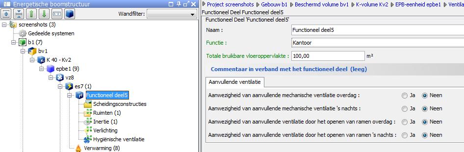 13 Figuur 14 Aanvullende mechanische ventilatie op niveau van het functioneel deel Als u op één van de twee laatste vragen Ja antwoordt, wordt het tabblad Aanvullende ventilatie actief voor alle