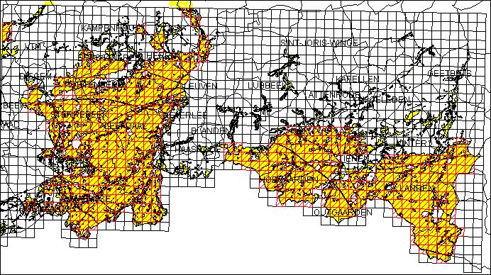 Fig. 2: Overzicht van de basisverwerkingskaarten van Vlaams-Brabant: 1km UTM hokken, geschikt hamstergebied
