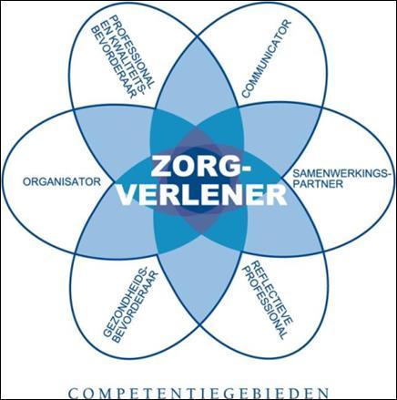 Kern van de beroepsuitoefening is de verpleegkundige als zorgverlener (in het schema afgebeeld in het midden van de bloem ).