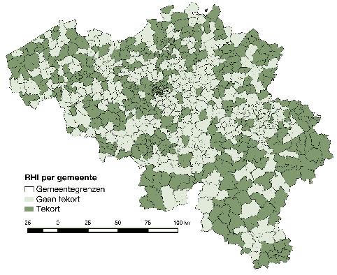 Figuur 2: Aanduiding van welke statistische sectoren al dan niet als tekortgebied beschouwd worden volgens de (i) RHI per gemeente, (ii) afstand tot drie dichtste huisartsen, (iii) cumulatieve