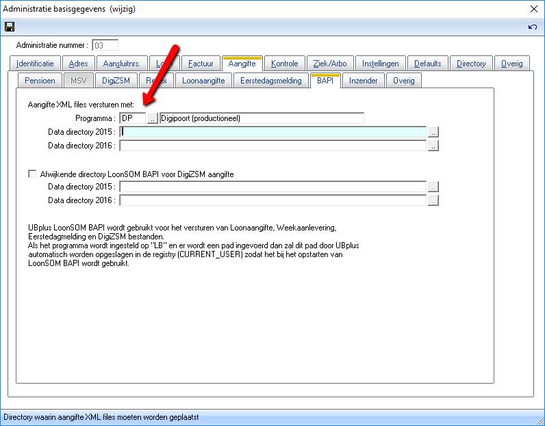 Instelling Digipoort Dit kan in de administratie basisgegevens tab Aangifte, subtab Bapi instelling Aangifte XML Files versturen met.