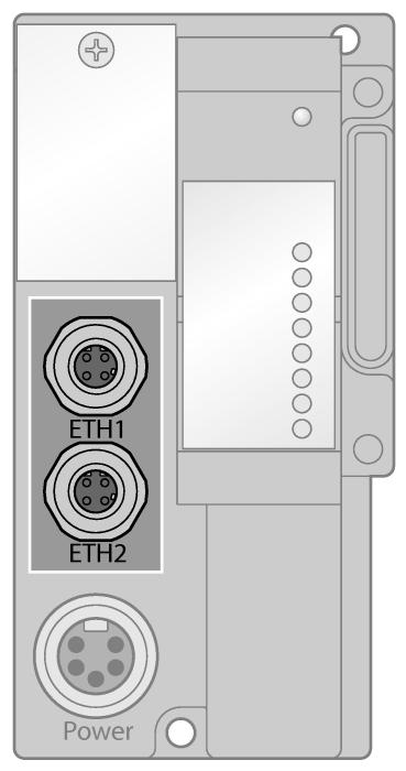 pinconfiguratie en voedingsconcept Ethernet-poorten pinconfiguratie De gateway heeft vanaf de versie VN 03-00 twee D-gecodeerde M12 Ethernet poorten met geïntegreerde switch.