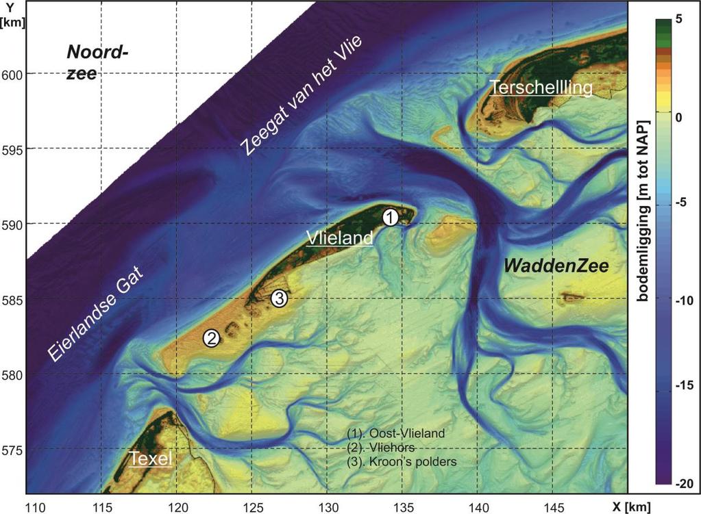 Figuur 3.3 Overzichtskaart van Vlieland en aangrenzende zeegaten.