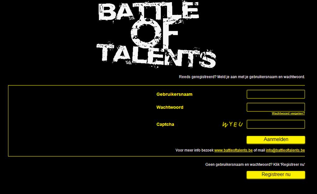 Registratie Stap 1: Registreer nu Registreren kan via www.battleoftalents.be of via de game zelf (https://game.battleoftalents.be). Op de game website kom je direct op de login pagina.