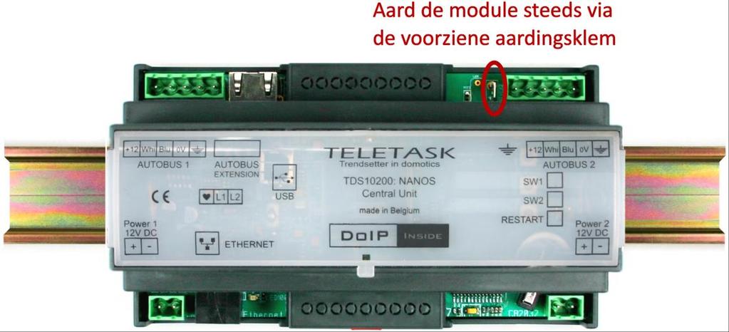 4 Nanos 4.1 Aarden van de centrale Net zoals bij de Micros+ moet ook de Nanos centrale geaard worden, onderstaand wordt weergegeven waar dit gebeurd.