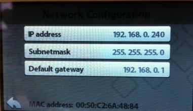 Klik op Network Configuration Vul het paswoord in: 09876 Hier kan u de gegevens invullen: zorg ervoor dat de AURUS-TFT zich in de juiste range bevindt van het netwerk en dat de gateway is ingevuld.