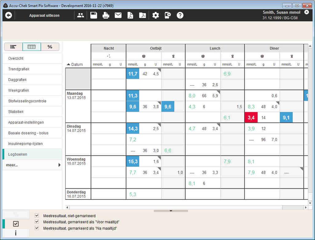 Kapitel 5, Rapporten en gegevensbestanden Logboek Het Logboek bevat een overzicht van de bloedglucoseresultaten, koolhydraten en insulinedoses in tabelvorm.