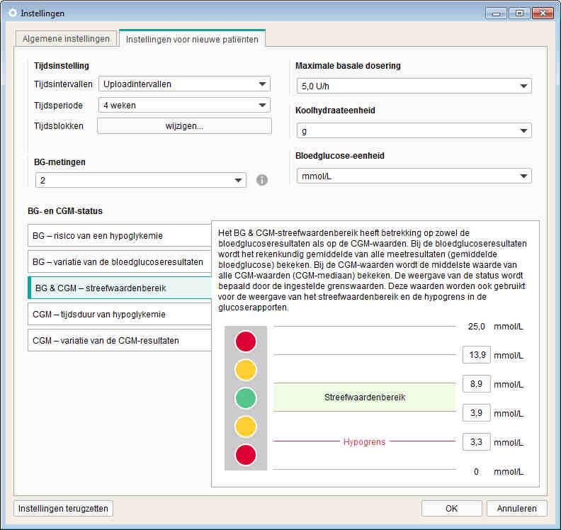 Kapitel 3, Software starten en configureren Het BG & CGM Streefwaardenbereik heeft zowel betrekking op bloedglucoseresultaten als op CGMresultaten.