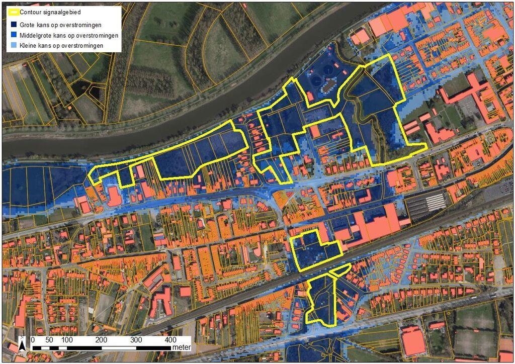 1 2 3 4 Figuur: De blauwe contouren geven overstromingskans met klimaatsverandering weer. Hoe donkerder blauw, hoe groter de overstromingskans.