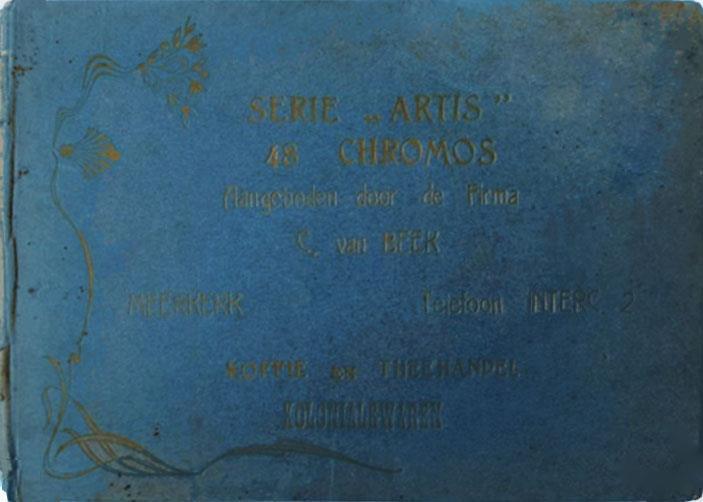 Serie Artis. 191? 48 chromo s 95 x 60 mm in eigen album C. van Beek, Koffie en Theehandel Koloniale Waren, Meerkerk (blauw) G.