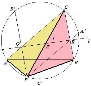 Nu zijn [8] : R = A'P & BC, I = B'B & AA', Q = CA & PB' snijpunten van overstaande zijden van de bedoelde zeshoek. Waaruit het gestelde (Q, R, I liggen op de lijn l ) volgt.