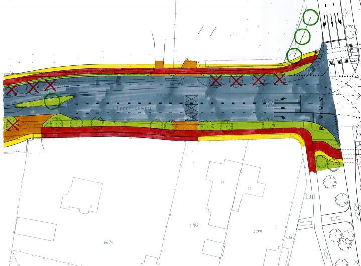 3/4 Mogelijkheid tot aanbrengen haag in middenberm Kruizen en overrijdbare middenberm voor Utrechtseweg 20, 31 & 33 Oversteek langzaam verkeer opgeheven (andere oversteken tweerichtingen)