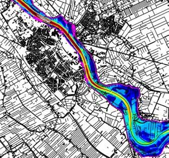 Figuur 2.3: Stroomsnelheden op de IJssel nabij Kampen bij een 1/2000 jaar afvoergolf De huidige bodemligging van het projectgebied varieert van ca. NAP+1,0 tot 1,5 m aan de oostelijke zijde.