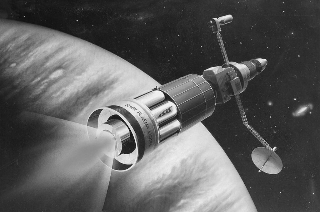 Electrische voortstuwing biedt goede vooruitzichten voor gebruik in de ruimte. Hier is een nucleair-electrische ruimtesonde afgebeeld.