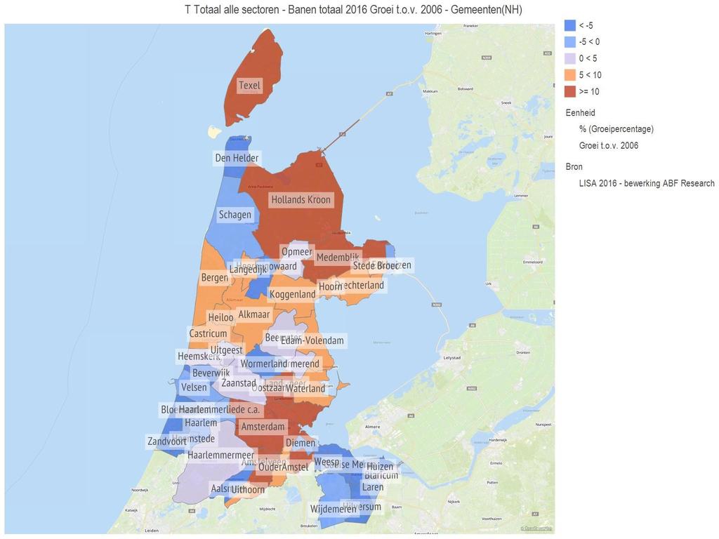 Figuur 21: Groei banen in Noord-Holland, 2006-2016 Bron: LISA Een andere manier om werkgelegenheid te meten is om te kijken naar het aantal werkzame personen woonachtig in een regio.