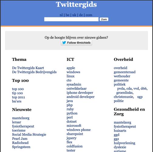 Mocht je specifieke mensen willen volgen, dan kan je gebruikmaken van de Twittergids http://twittergids.nl/ en er is zelfs een top 100 van bibliotheekmensen http:// bibliotheek.twittergids.nl/ In de loop van de jaren zijn instellingen steeds hoger in deze bibliotheekranglijst gekomen.