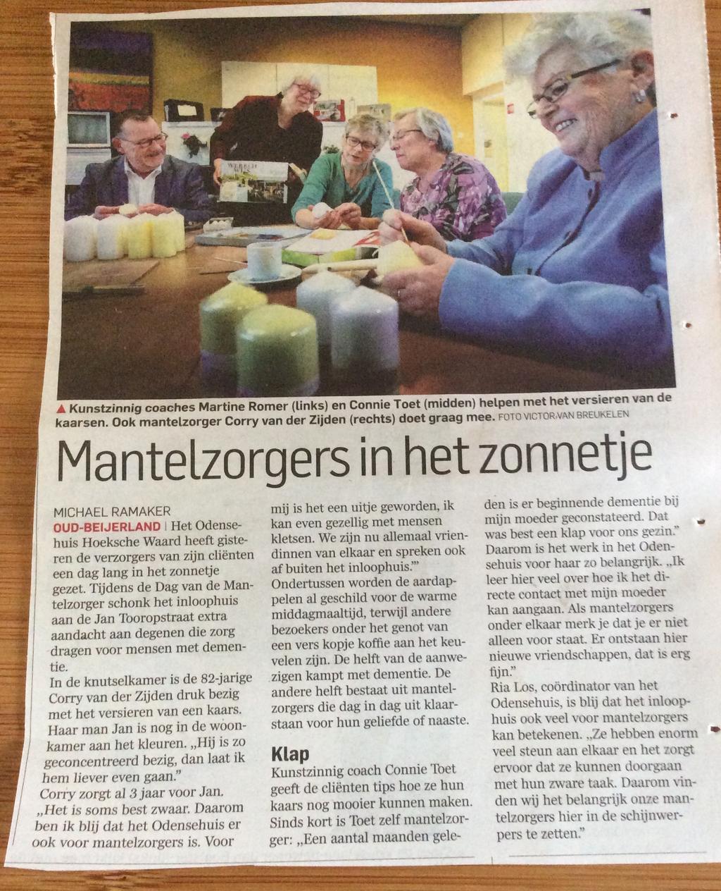 De schatkist van het leven Sinds 8 september verzorgt een van de coaches van Stichting Creatief Welzijn Senioren een maandelijkse activiteit in het Odensehuis Hoeksche Waard.