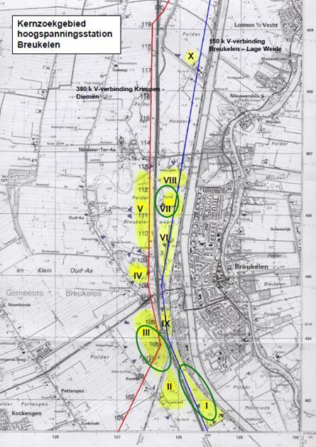 Afbeelding 3 Mogelijke locaties transformatorstation, de drie omcirkelde locaties betreffen de locaties Ruwiel (VII), Kortrijk (III) en Laan van Duuring (I) [Locatieonderzoek