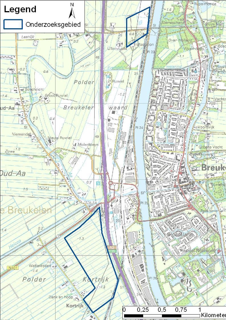 In het onderzoek zijn twee locaties onderzocht: Nieuwer ter Aa (noordelijk vlak, het hijsplatform) en Kortrijk (zuidelijk vlak, het transformatorstation inclusief toegangsweg).