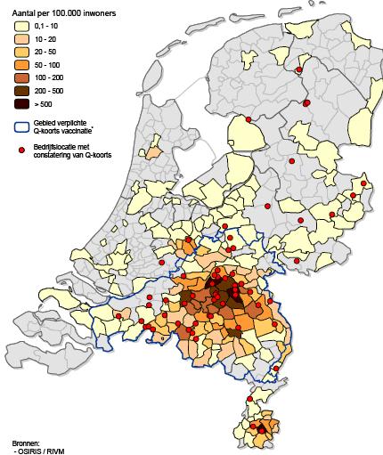 C. burnetii: van geit/schaap naar mens Geografische spreiding Q-koorts 2009 Humane Q-koorts gevallen Voor 05: <30 gevallen per jaar 07 12: totaal 4173