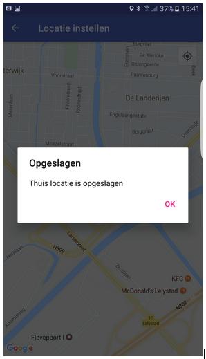 Nieuwe thuis locatie opgeslagen Er verschijnt een scherm dat de locatie is opgeslagen.