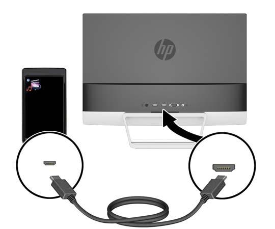 Sluit een MHL-kabel aan op de MHL-connector aan de achterzijde van de monitor en aan de micro USB-connector van een bronapparaat dat MHL ondersteunt,