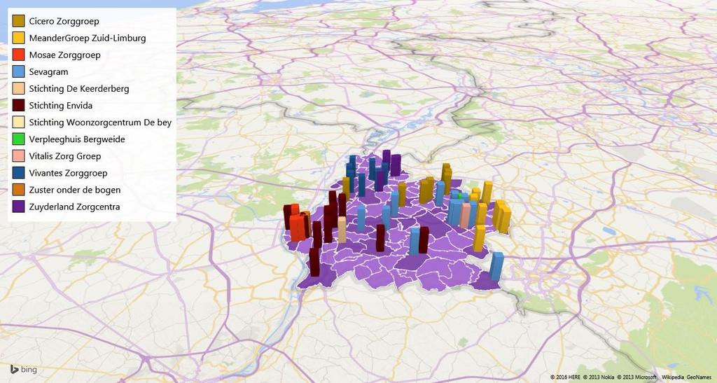 De locaties in Zuid-Limburg Op basis van postcode zijn de locaties van de intramurale aanbieders in Zuid-Limburg geplot.