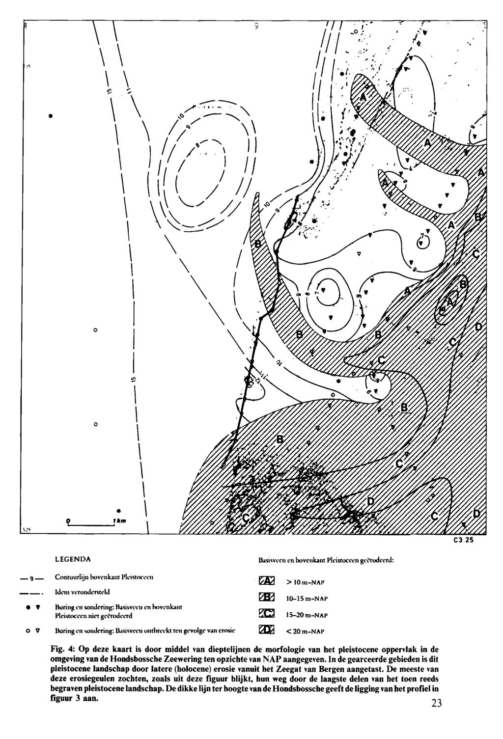 Fig. 4: Op deze kaart is door middel van dieptelijnen de morfologie van het pleistocene oppervlak in de omgeving van de Hondsbossche Zeewering ten opzichte van NAP aangegeven.