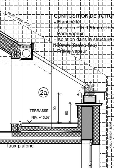 2. Dakterras (plat dak): Detail dakterras aan achterkant Waterdichting Bestaande thermische isolatie Spaanplaten Houten structuur (7 x 15
