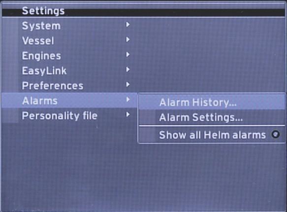 Hoofdstuk 4 - Configuratie en kalibratie Met Alarms (alarmen) kunt u de geschiedenis voor elk alarm controleren, een bepaald alarm in- of uitschakelen, of alle alarmen weergeven.