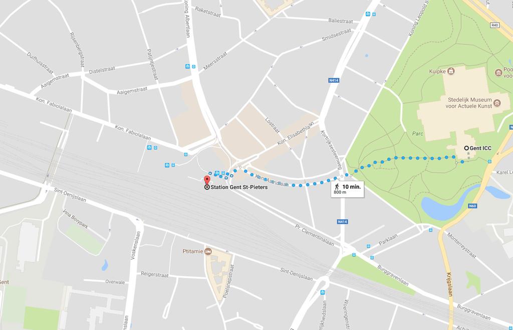 Openbaar vervoer: Vanaf het Sint-Pietersstation hebben volgende lijnbussen een halte aan de Ledeganckstraat, recht tegenover de ingang van het ICC: lijnen 9, 28, 34, 35, 36, 55, 57, 58, 70, 71, 72,