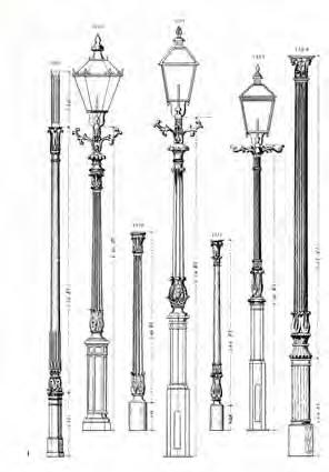 Modellen voor gietijzeren lantaarnpalen uit de catalogus van L.J. Enthoven & Co te Den Haag, omstreeks 1870 [Magdelijns 1990, 104].