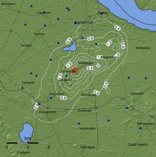 Afb. 6.2 - ShakeMap PGA (%g) van aardbeving bij Hellum (M3.1) september 2015, bron: https://www.knmi.nl/kennis-en-datacentrum/achtergrond/shakemaps-voor-groningen).