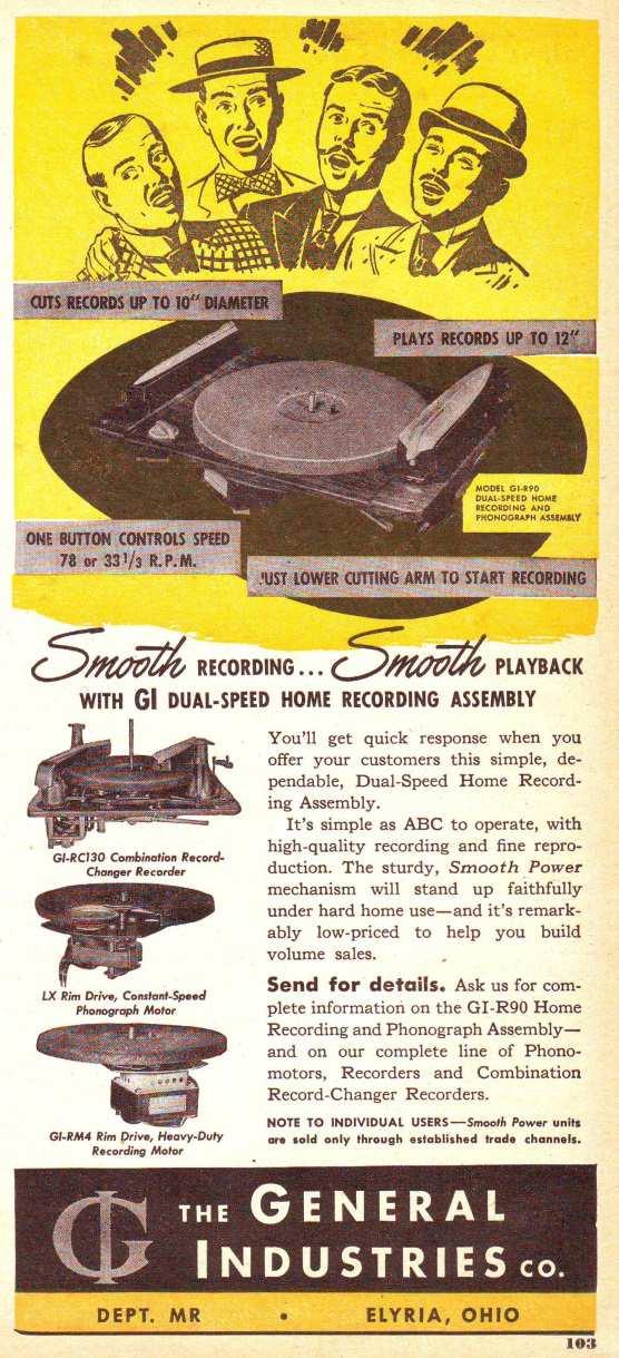 Afb. 2.2 (links): Advertentie voor het General Industries grammofoon-snijder loopwerk, zoals toegepast in de Meissner. (Radio News, augustus 1947 p. 103). Afb. 2.3: Advertentie voor onder andere Rek-O-Kut model V 16 draaitafel en M-55 snijmechanisme.