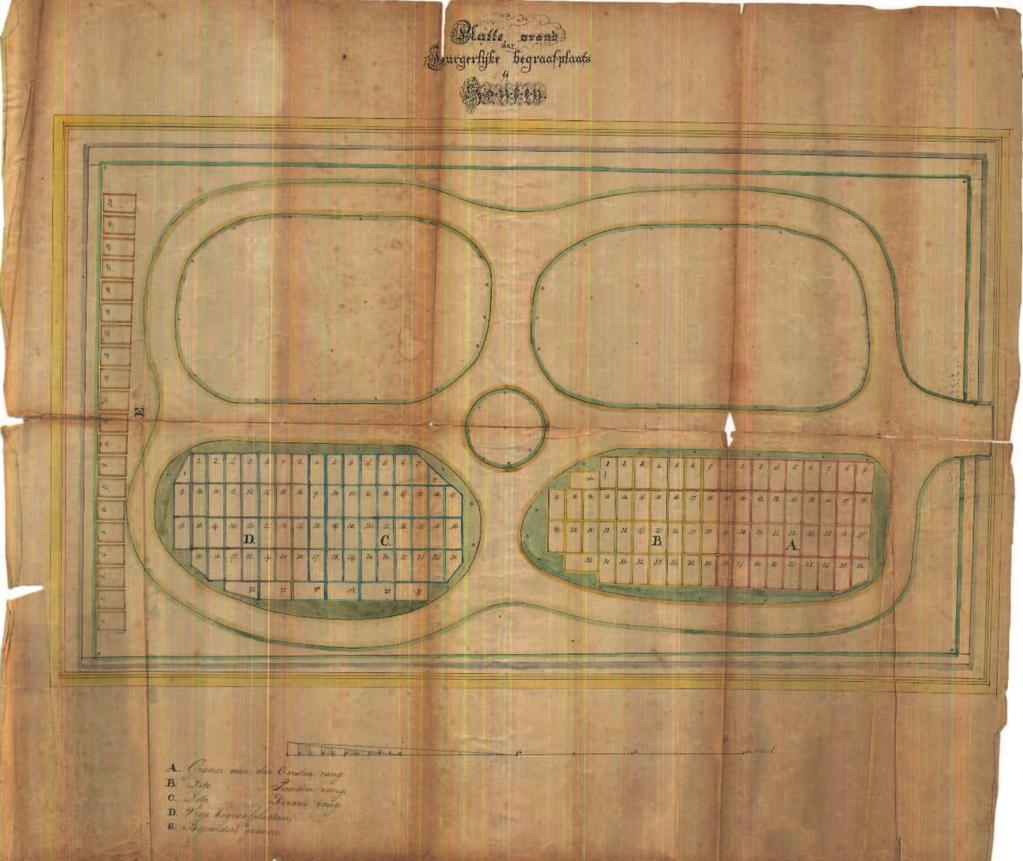 - Gracht aan vier zijden; - Begraafplaats verdeeld in vier percelen; - Beplantingsplan - Bij de ingang een eikenhout hekwerk; - De Fliersteeg bezanden Uit het bestek komt naar voren dat het perceel