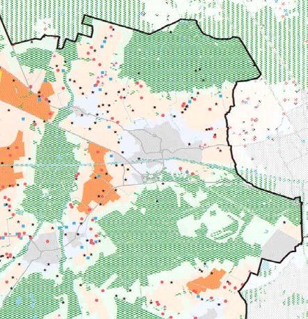 oranje: landbouwontwikkelingsgebied lichtoranje: verwevingsgebied donker groen: EHS lichtgroen: extensiveringsgebied rondom EHS 9 grijs: bebouwing lichtgrijs: extensiveringsgebied rondom bebouwing