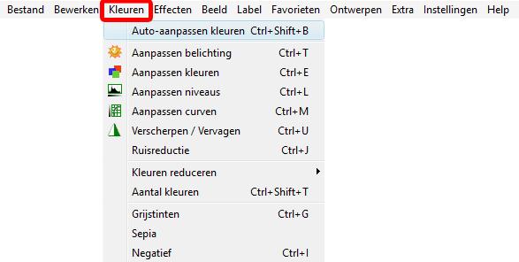 c. Kleuren Kleuren 1 Auto-aanpassen kleuren... zie Auto-aanpassen kleuren op pagina 56 Aanpassen belichting... zie Aanpassen belichting op pagina 35 Aanpassen kleuren.