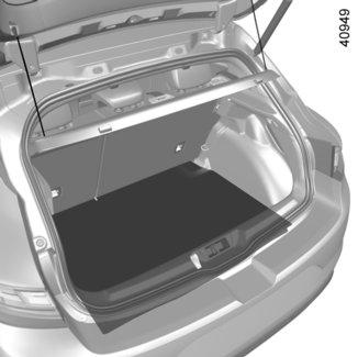 Auto niet uitgerust met een subwoofer Om erbij te kunnen komen: open de bagageruimte Til de mat van de bagageruimte 1 op met behulp van het lipje 2 (of de handgreep, afhankelijk van de auto).
