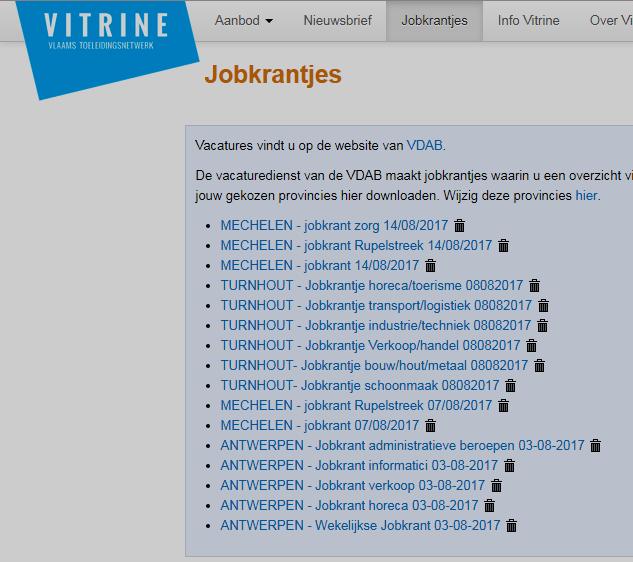 Interessant zijn ook de JOBKRANTJES. Jobkrantjes is het 2 de titeltje in de menubalk. Als je die openklikt, krijg je de recente jobkrantjes die gemaakt worden in Antwerpen, Turnhout en Mechelen.