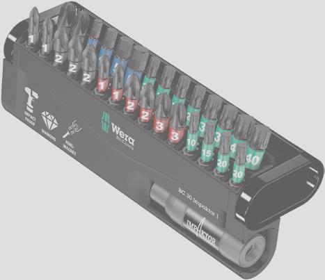 1 Impaktor houder met spanring en ringmagneet in de opname voor het veilig vasthouden van de bits in de houder. 29 Impaktor bits.