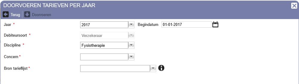 4 Stap 2 - Tarieven (Fysio, OT, Ergo & Logo) De pop-up Doorvoeren tarieven per jaar verschijnt zodra u onder het Jaarwerk Stap 2. Tarieven aanklikt. U ziet het scherm zoals getoond in figuur 8.