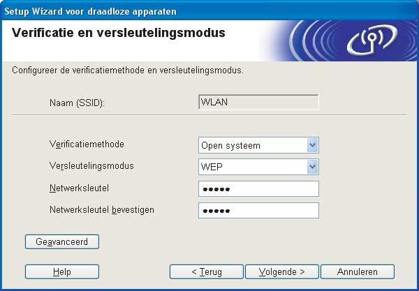 Klik op OK om de configuratie voort te zetten en ga naar q. o Als uw netwerk is geconfigureerd voor verificatie en versleuteling, wordt het volgende scherm weergegeven.