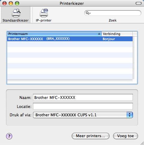 In een netwerk afdrukken vanaf een Macintosh f (Voor Mac OS X 10.2.4 t/m 10.3x) Selecteer het volgende. (Mac OS X 10.2.4-10.3.x) 9 g Selecteer Brother MFC-XXXX (XXXX is de naam van uw model) en klik op Voeg toe.