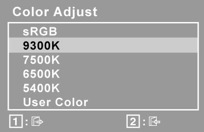 Verklaring bedieningselementen Color Adjust (Kleur aanpassen) biedt verschillende kleuraanpassingsmodi, inclusief vooraf ingestelde kleurtemperaturen en een gebruikerskleurmodus waarmee u rood (R),