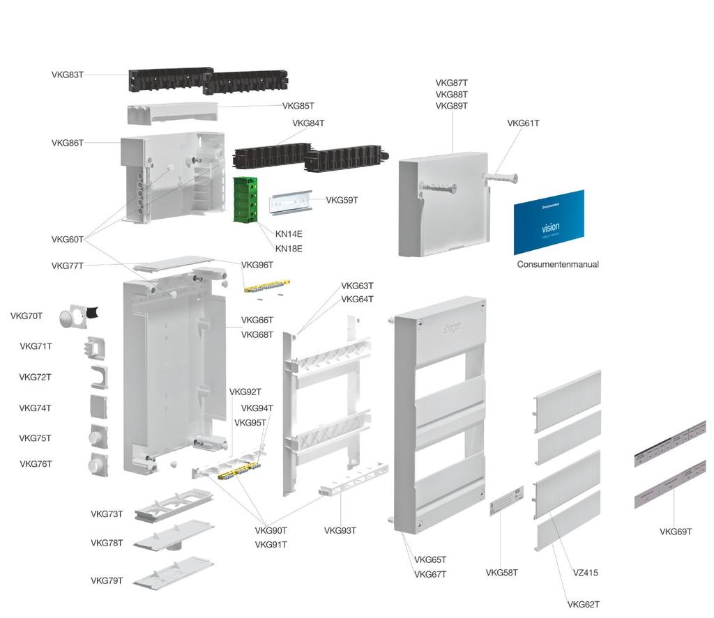 Behuizingsonderdelen Vision De Vision-verdeler in de kleur RAL7035 bestaat uit: 1 - Onderbak VKG66T 220 x 220 mm, VKG68T 220 x 330 mm inclusief 4 voorgemonteerde wandbevestigingsschroeven VKG60T set