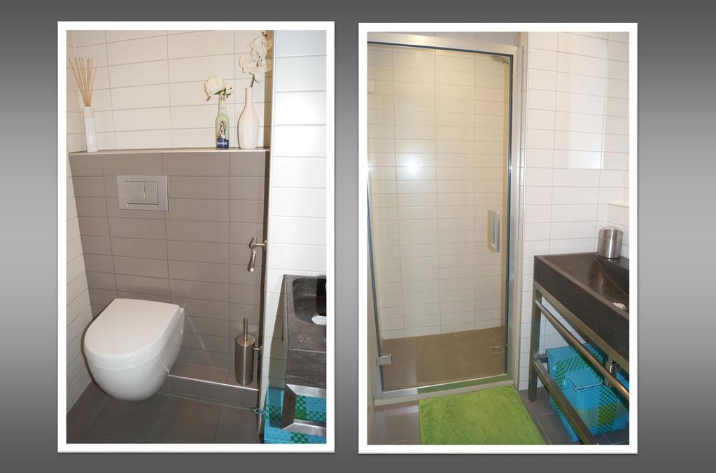 Indeling Badkamer : Moderne badkamer, voorzien van een douchecabine en mooi badmeubel met vaste wastafel. Geheel betegeld met een mooie vloertegel en een lichte wandtegel.
