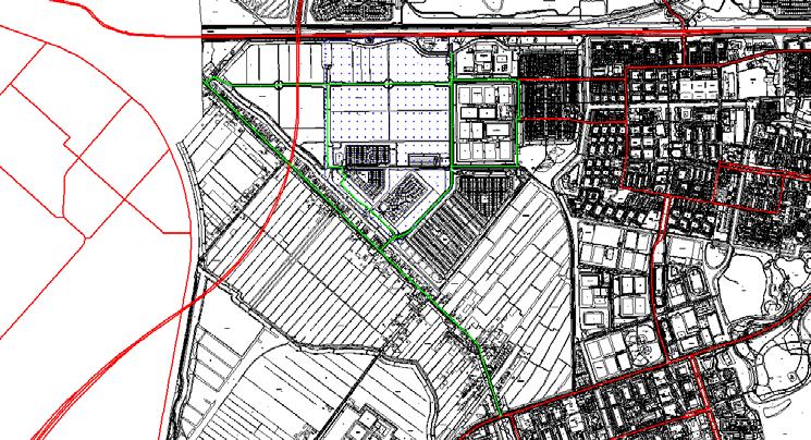 Figuur 3.1 Overzicht wegen: Lokale (groen) en overige wegen (rood) Beoordelingspunten De berekeningen worden uitgevoerd voor een grid rondom het plangebied.